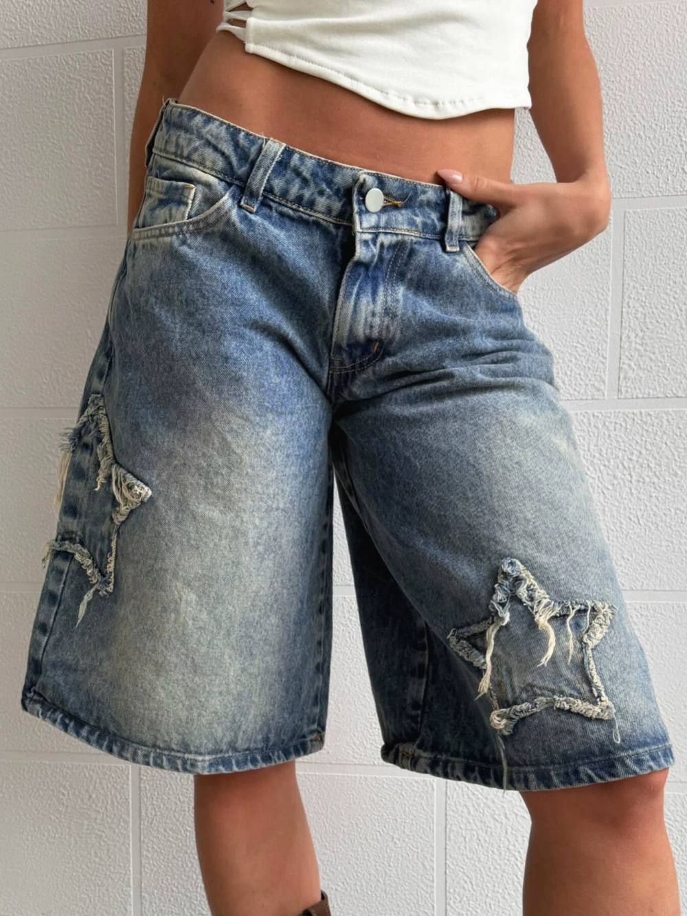 ZARA Girl Streetwear Distressed Star Raw Edge Patch Jeans Low Rise Wide Leg Midi